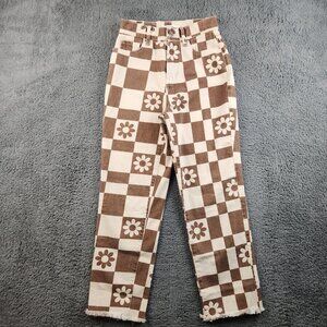 Women's High Waist Straight Leg Ankle Fray Jeans Size 25x25 Checkered Boho Denim